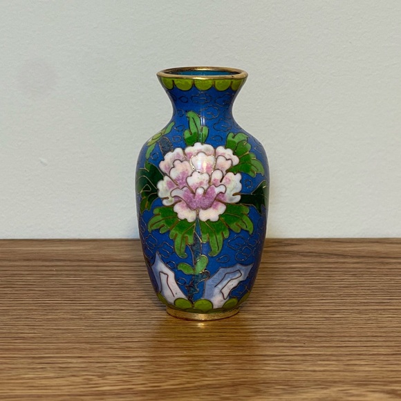 Other - Vintage Chinese Cloisonné Miniature Vase - 3" Blue Enamel Peony